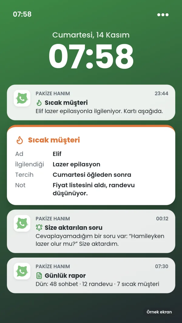 Örnek ekran: sıcak müşteri bildirimi ve kartı (Elif, lazer epilasyon, cumartesi öğleden sonra), size aktarılan soru, günlük rapor