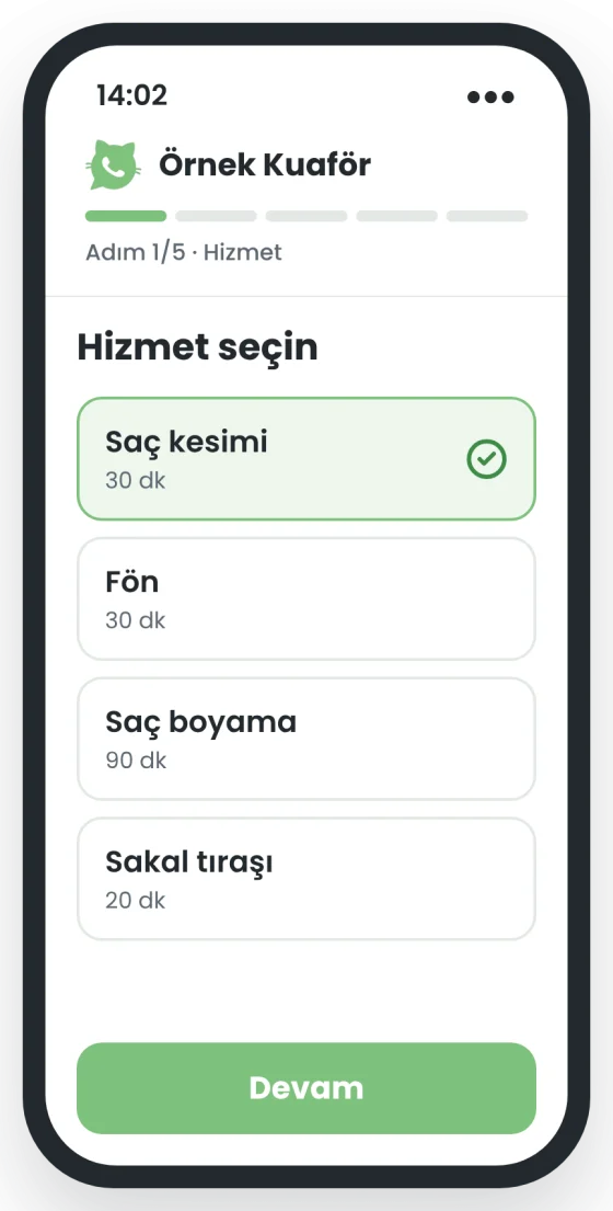 Örnek ekran, adım 1: Hizmet seçimi: saç kesimi seçili