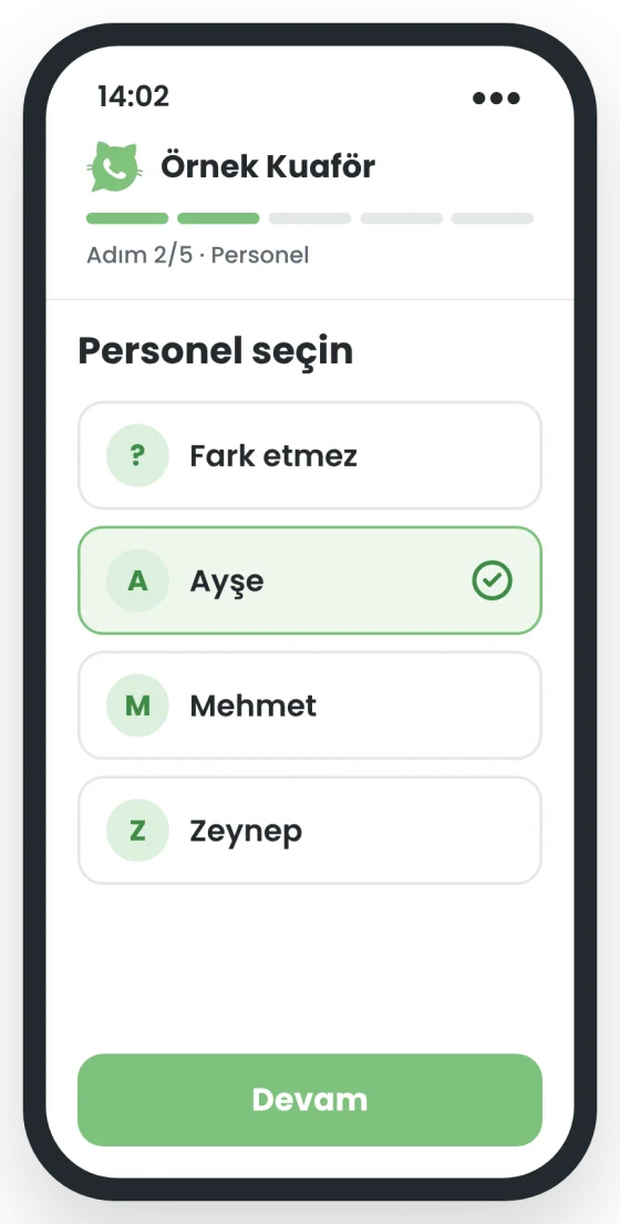 Örnek ekran, adım 2: Personel seçimi: Ayşe seçili