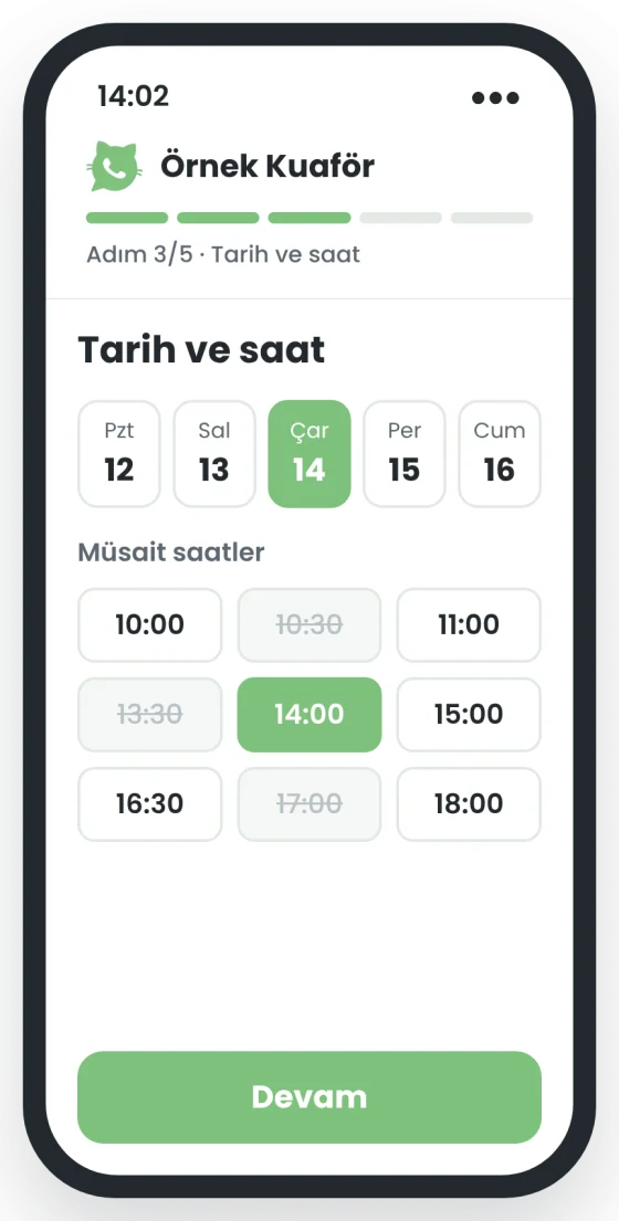 Örnek randevu ekranı: Örnek Kuaför, adım 3/5 tarih ve saat seçimi, 14 Çarşamba 14:00 seçili
