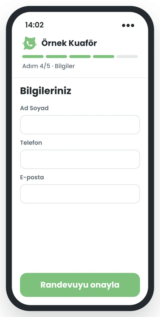 Örnek ekran, adım 4: Ad soyad, telefon, e-posta alanları