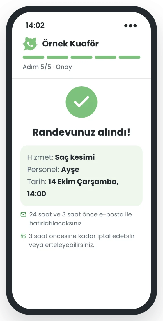 Örnek ekran, adım 5: Randevunuz alındı: hizmet, personel, tarih ve hatırlatma bilgisi