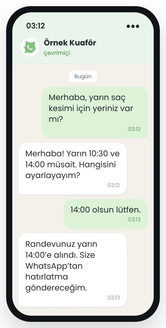Örnek sohbet: Örnek Kuaför, gece 03:12, müşteri yarın saç kesimi için yer soruyor ve Pakize randevuyu 14:00’e alıyor